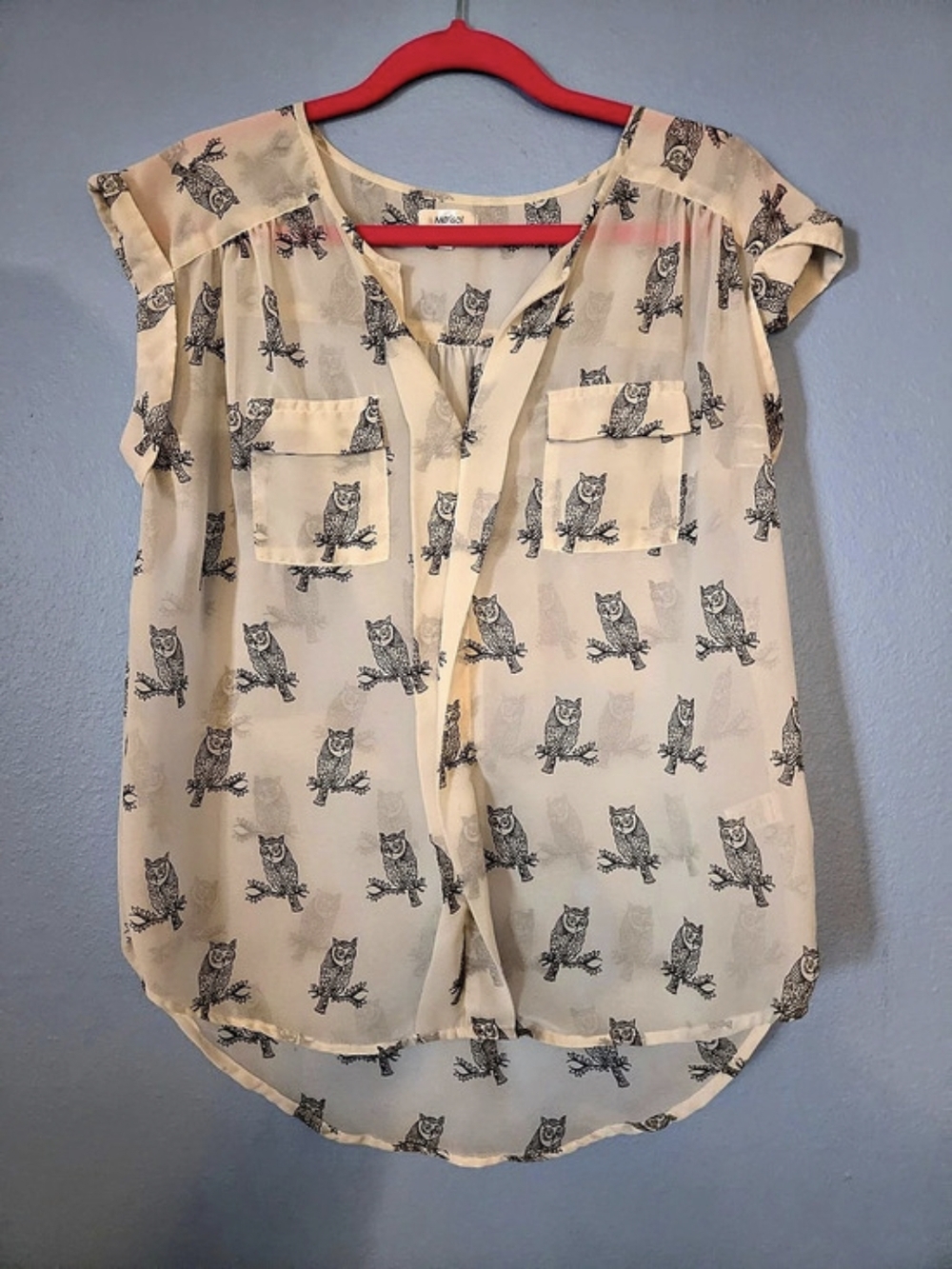Marisol Owl Print Blouse in Cream & Black Size XL